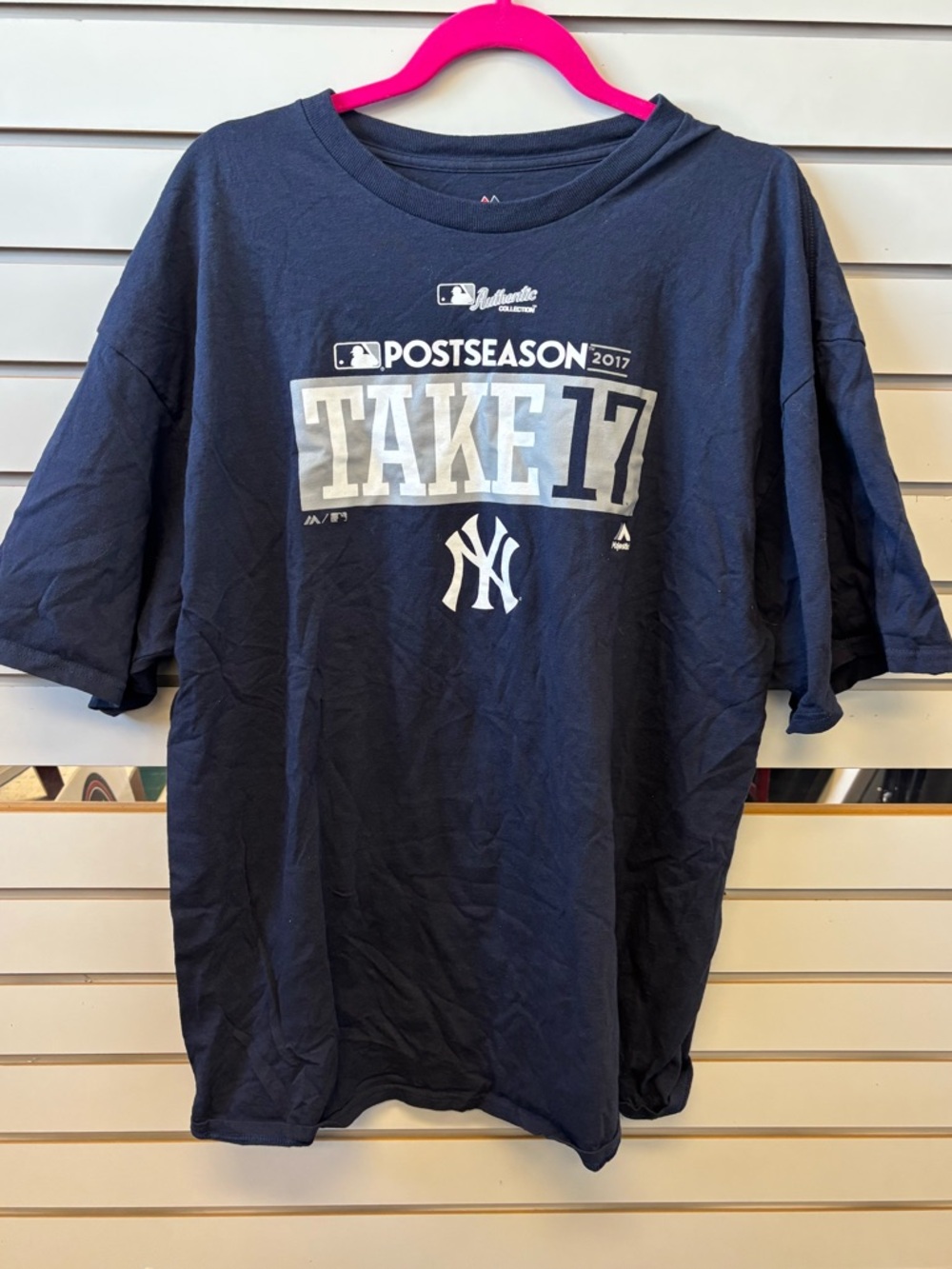 Majestic Navy Blue New York Yankees 'Postseason TAKE 17' Authentic  Graphic Tee